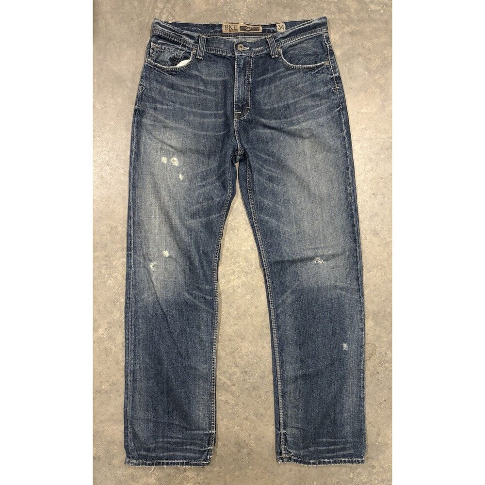 BKE Seth Jeans Mens Size 34x36 Straight Leg Distressed Whiskering Denim